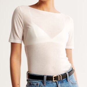 NWT ABERCROMBIE Sheer Half-Sleeve Slash Top MEDIUM WHITE